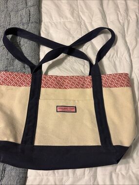 Vineyard Vines Cream Canvas Tote with Navy Straps & Red Trim